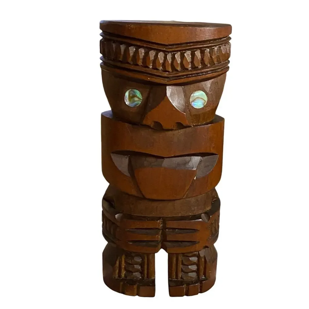 Vintage Maori Teko Wood Carved Tiki Figure New Zealand Abalone Eyes 5